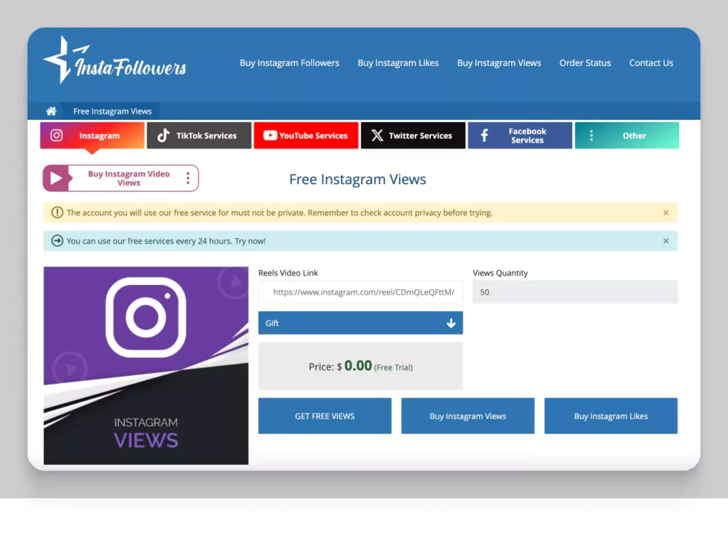 InstaFollowers Free Instagram Views
