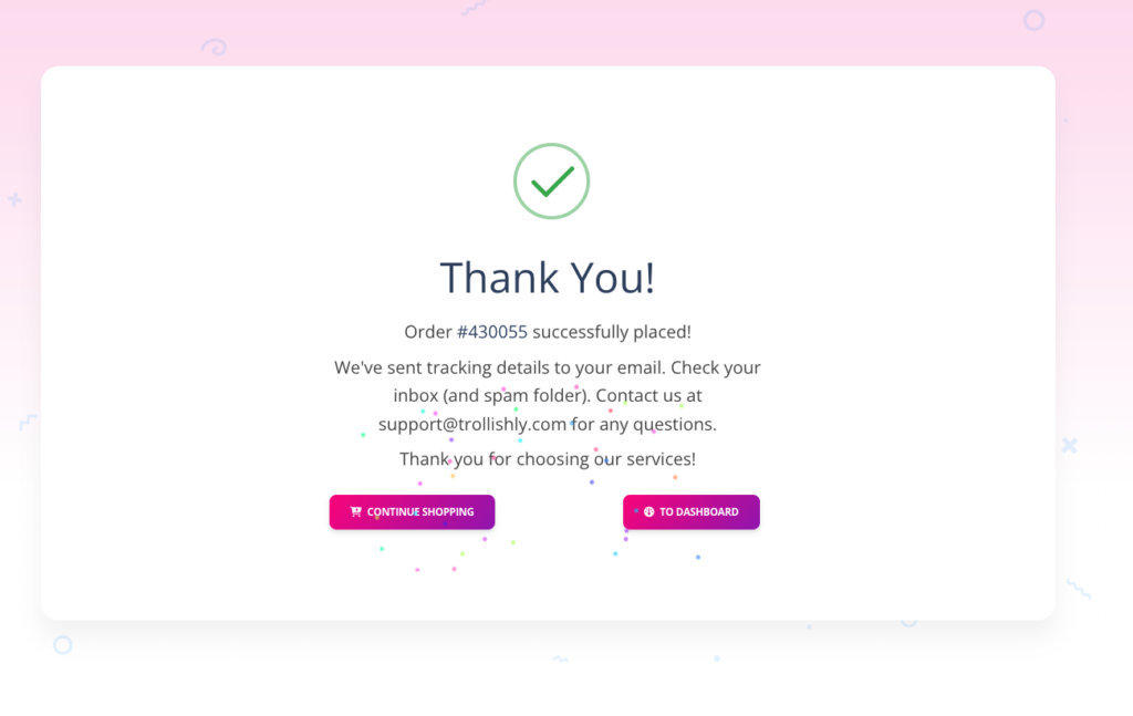 Thank-you page confirming that order #430055 was successfully placed and that tracking details were sent by email.