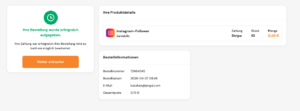 Order confirmation page showing that the Instagram follower order was successfully placed and paid via Stripe.