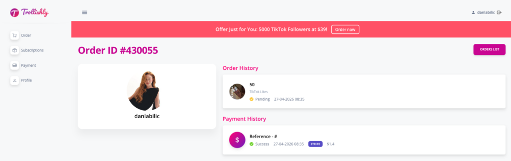 Trollishly dashboard displaying the test order under Order History and the successful Stripe transaction under Payment History.