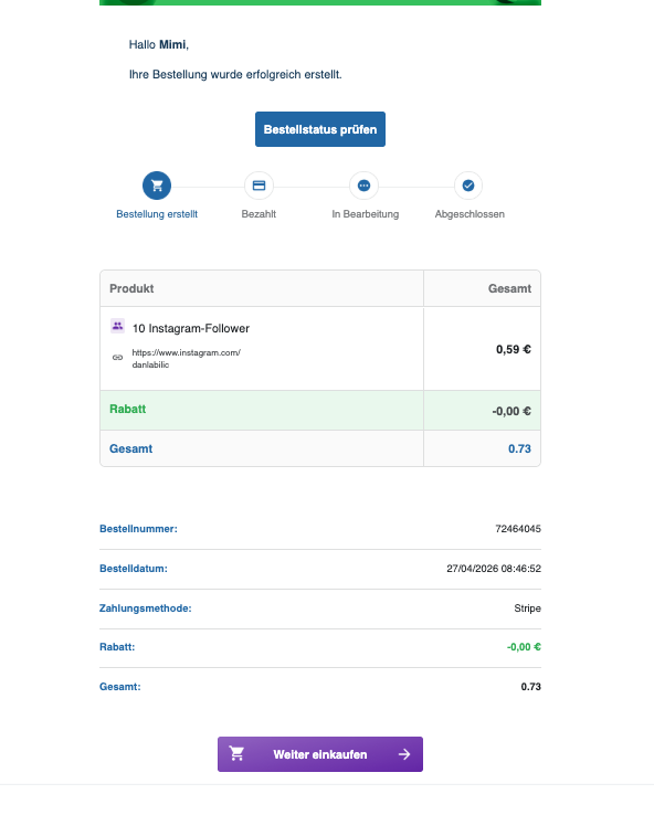 Order confirmation email with the product details, order number, payment method, total price, and order status button.
