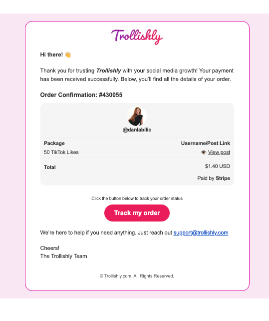 Order confirmation email showing the TikTok likes package, order number, total price, Stripe payment, and tracking button.