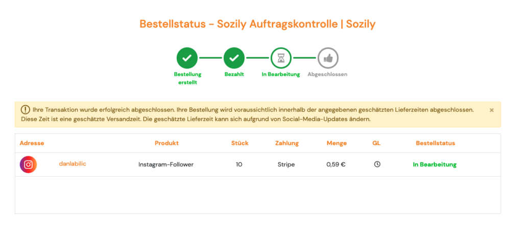 Live order status page showing the order in progress after payment was completed.