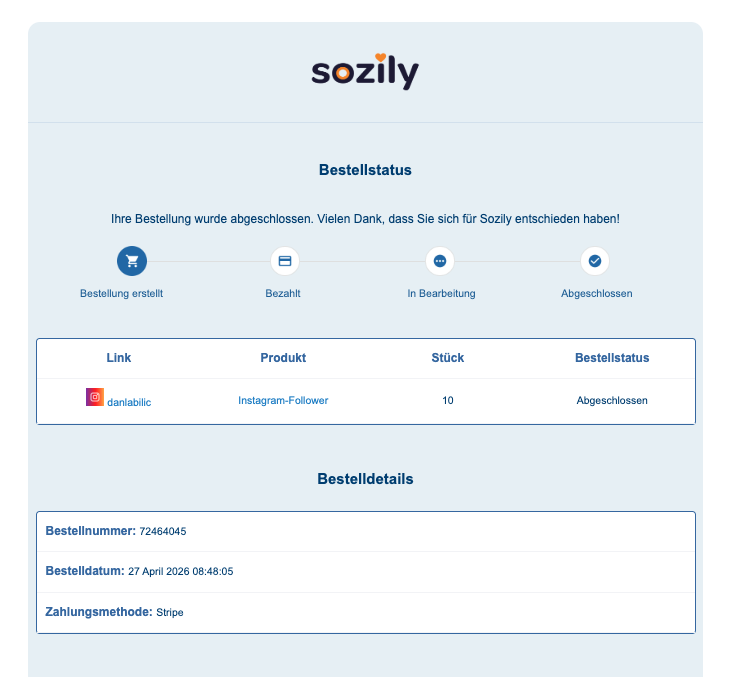 Sozily order tracking page showing the completed status after the test order was processed.